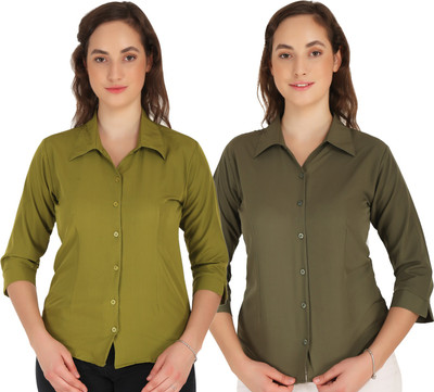 Hunoor Women Solid Casual Dark Green, Green Shirt(Pack of 2)