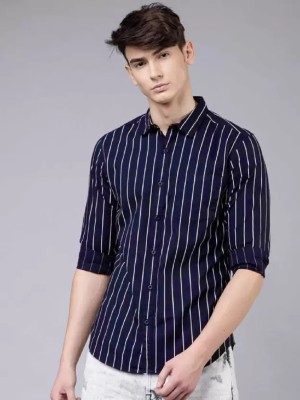 DOMINATE LIFESTYLE Men Striped Casual Dark Blue, White Shirt