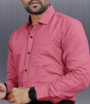 MUMIN Men Solid Formal Pink Shirt