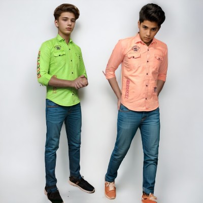 SHUKRAN Boys Printed Casual Green, Orange Shirt(Pack of 2)