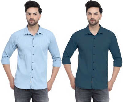 Filohevis Men Solid Casual Dark Green, Light Blue Shirt(Pack of 2)