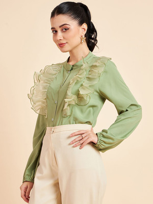 Fabway Clothing Women Solid Casual Light Green Shirt