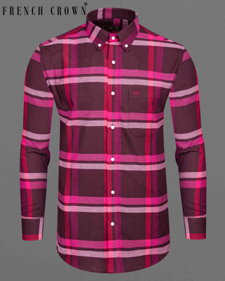 HOC Men Checkered Casual Maroon, Pink Shirt