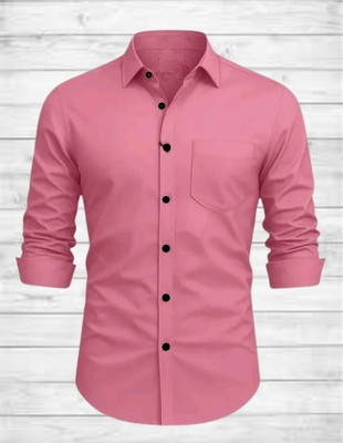 MUMIN Men Solid Formal Pink Shirt