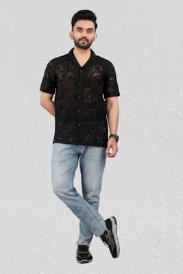 ISUEL FAB Men Self Design Party Black Shirt
