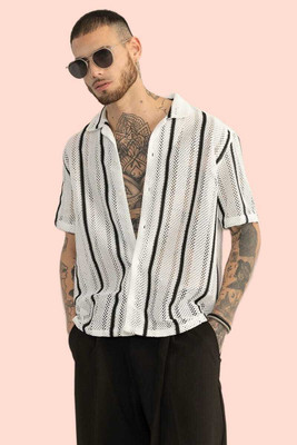 Vrunda tavi Men Striped Formal White, Black Shirt
