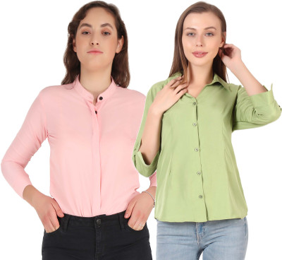 Mamnoon Women Solid Casual Light Blue Shirt(Pack of 2)