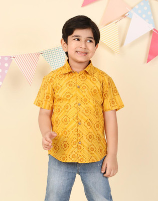 Fabindia Boys Printed Casual Yellow Shirt