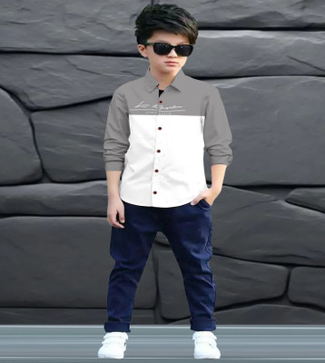 Lolark Boys Printed Festive White, Grey Shirt