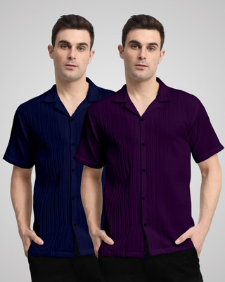 VK Couture Men Self Design, Striped Casual Dark Blue, Purple Shirt(Pack of 2)