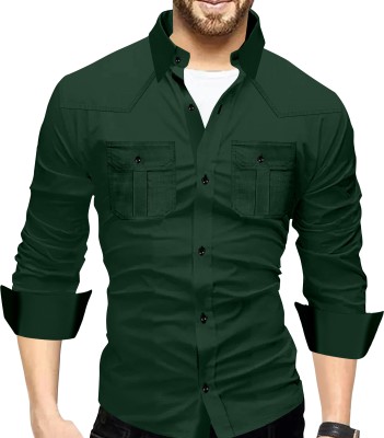 Khushi Creation Men Solid Casual Dark Green Shirt