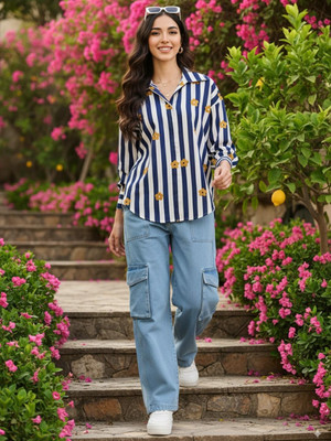 Uptownie Women Floral Print, Striped Casual Blue Shirt