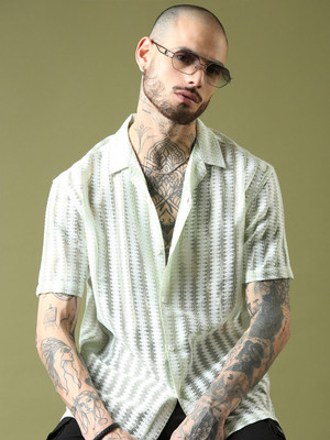 Voroxy Men Self Design Casual Green Shirt