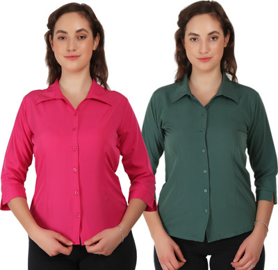 HEAVENS CREATIONS Women Solid Formal Dark Blue, Dark Green Shirt(Pack of 2)
