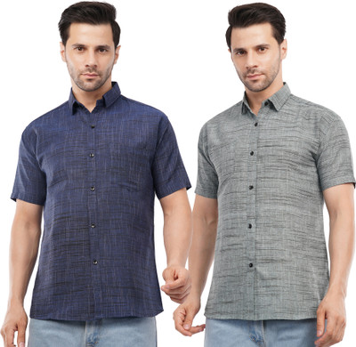 T.RRR. COLLECTION Men Self Design Casual Blue, Grey Shirt(Pack of 2)