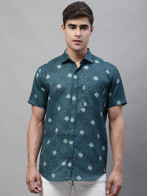 Le Mec Men Geometric Print Casual Green, Dark Blue, White Shirt