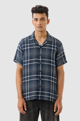 Snitch Men Checkered Casual Dark Blue Shirt