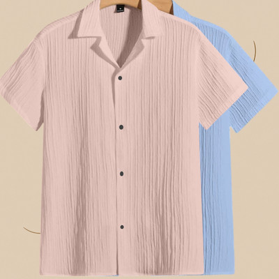 Looksky Men Self Design Casual Light Blue, Pink Shirt