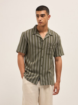 THE BEAR HOUSE Men Striped Casual Dark Green Shirt