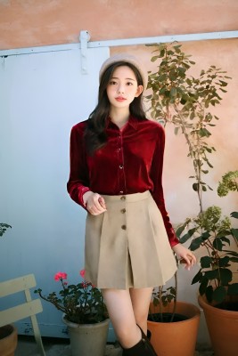 MAYKR Women Solid Casual Maroon Shirt