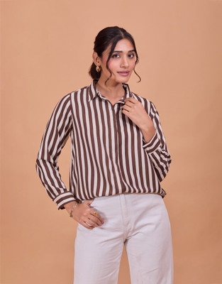 all about you Women Striped Formal Brown, Beige Shirt