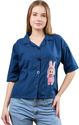 sikrifab Women Printed Casual Blue Shirt