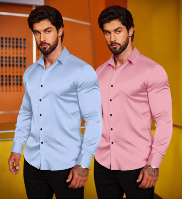 MADHAVISTA Men Solid Casual Pink, Blue Shirt(Pack of 2)
