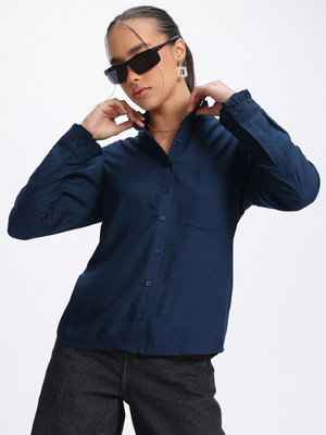 Glitchez Women Solid Casual Blue Shirt