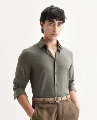 RARE RABBIT Men Solid, Self Design Casual Green Shirt