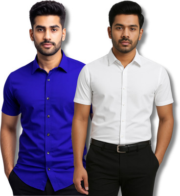 RAREMARK Men Solid Formal Blue, White Shirt(Pack of 2)