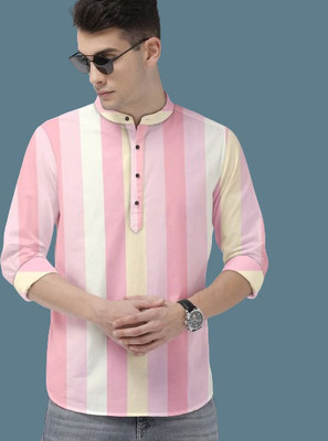 Style Grove Men Striped, Color Block Casual Pink Shirt