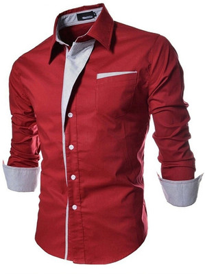 PEARL OCEAN Men Solid Casual Maroon Shirt