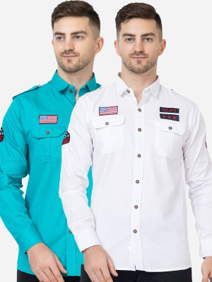 FREKMAN Men Solid Casual Blue, White Shirt(Pack of 2)