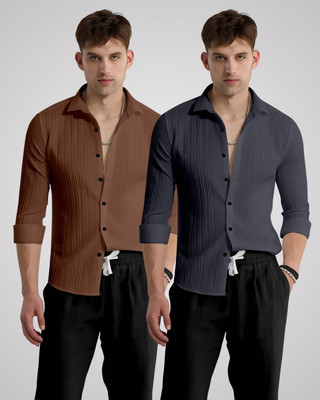 kruze Men Self Design Casual Brown, Grey Shirt(Pack of 2)