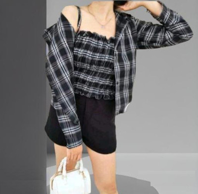 rida creation Women Checkered Casual Black Shirt