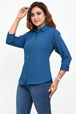 Fiestahub Women Solid Casual Blue Shirt