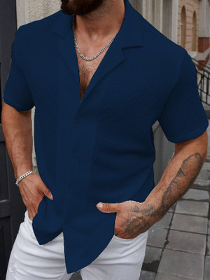 COMBRAIDED Men Self Design Casual Blue Shirt