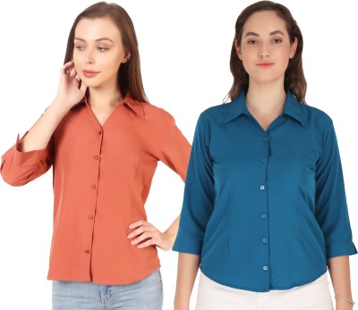 Giggles Women Solid Casual Orange, Blue Shirt(Pack of 2)