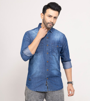 D Finish Men Washed Casual Blue Shirt