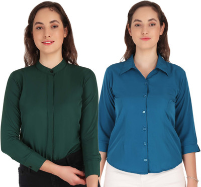 Mamnoon Women Solid Formal Blue Shirt(Pack of 2)