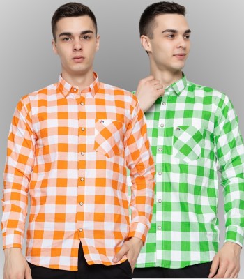 FERYPRO Men Checkered Casual Orange, Light Green Shirt(Pack of 2)