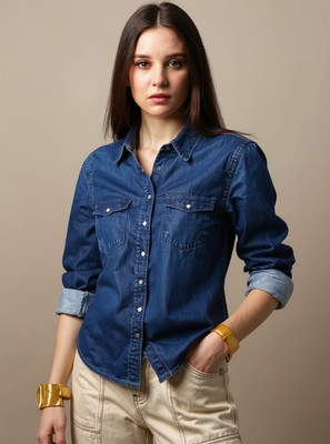 NEW-18 Women Solid Casual Dark Blue Shirt