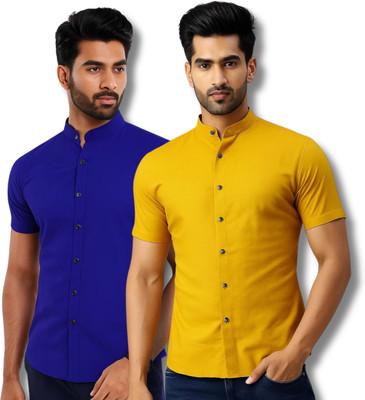 GOD HEART Men Solid Casual Dark Blue, Yellow Shirt(Pack of 2)