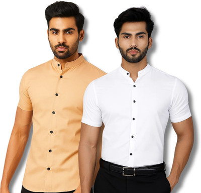 RANGFIT Men Solid Casual Orange, White Shirt(Pack of 2)
