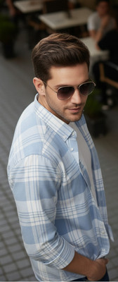 S-LINE Men Checkered Casual Light Blue Shirt