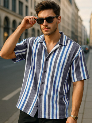MANIAC Men Striped Casual Black Shirt