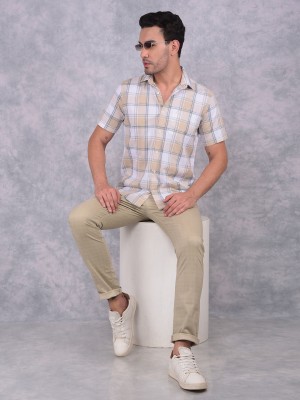 CRIMSOUNE CLUB Men Checkered Casual Beige, White Shirt