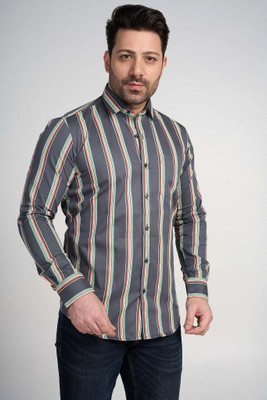 John Watson Men Striped Formal Grey Shirt