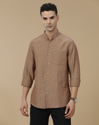 Linen Club Men Solid Casual Brown Shirt