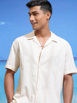 LOCOMOTIVE Men Self Design Casual Beige Shirt